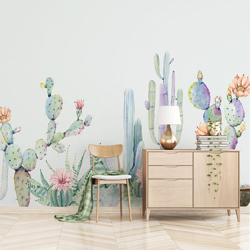 Light Green Cactus Mural Wallpaper Stain Resistant Tropix Living Room Wall Covering