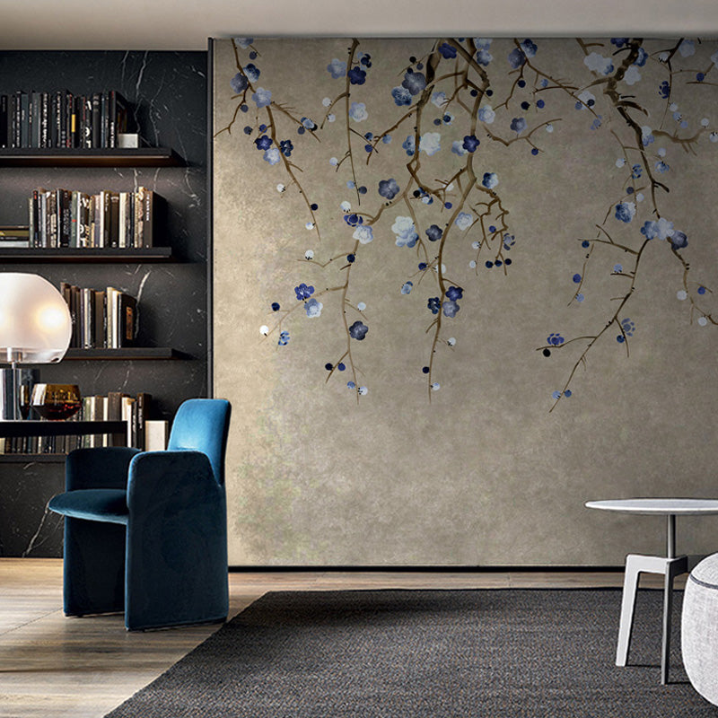 Oriental Blooming Plum Wall Murals for Living Room Custom Wall Covering in Pastel Color