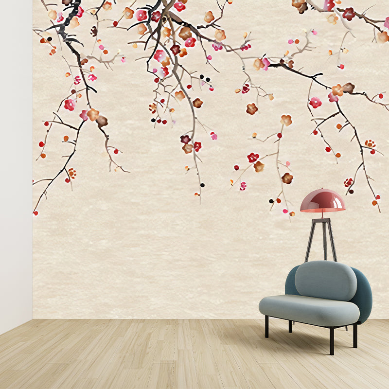 Oriental Blooming Plum Wall Murals for Living Room Custom Wall Covering in Pastel Color