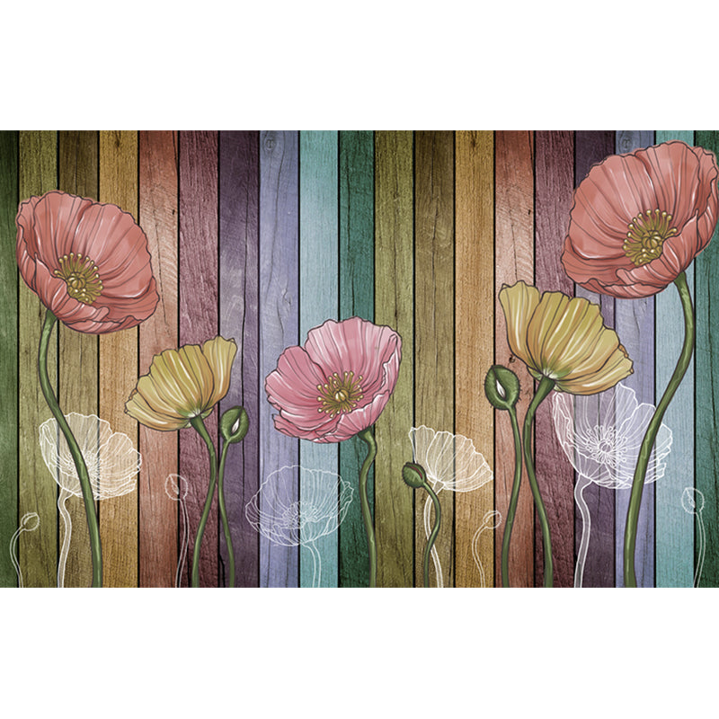 Magnolia and Wood Plank Murals Rural Moisture Resistant Bedroom Wall Art, Personalized Size