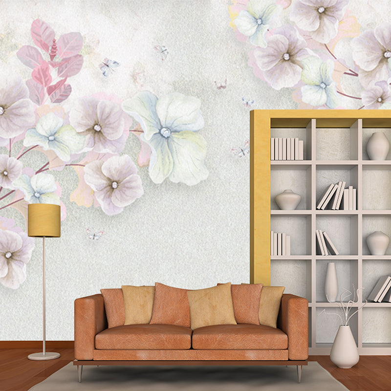 Pink Flowering Apricot Mural Decal Stain-Resistant Wall Covering for Living Room