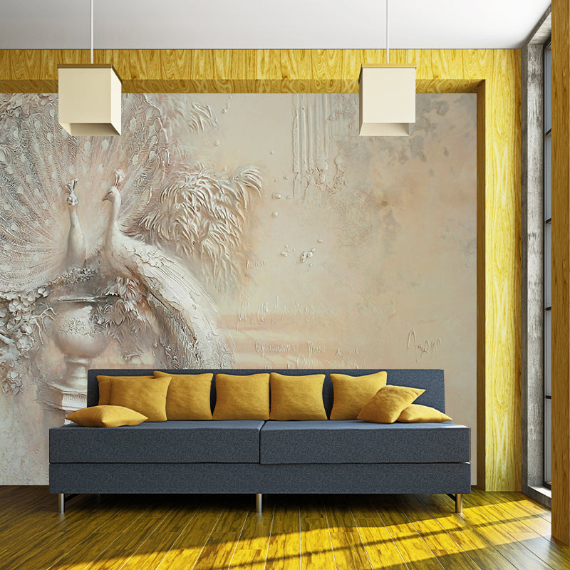 Embossed Peacock Animal Mural Decal Modern Style Smooth Surface Wall Art in Brown