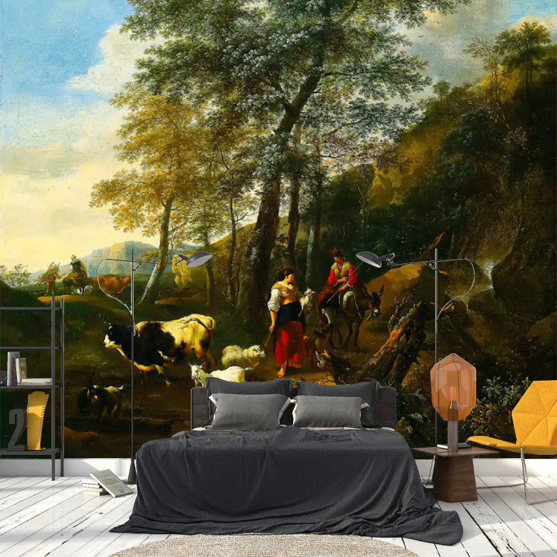 Classic Grazing Painting Wallpaper Murals Brown Moisture Resistant Wall Decor for Home