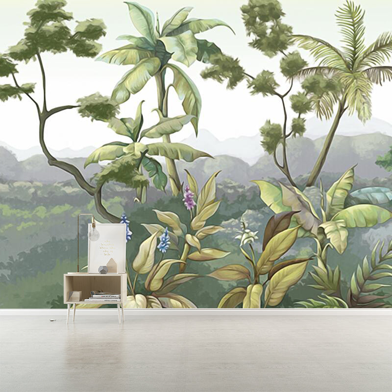 Tropical Plant Mountains Wall Mural Green Moisture Resistant Wall Decor for Home