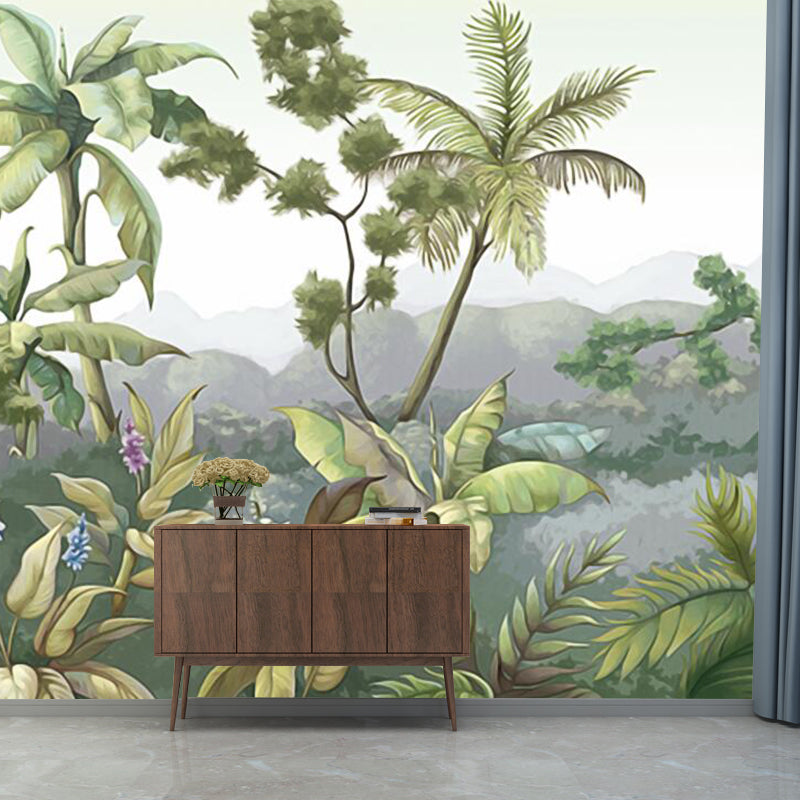 Tropical Plant Mountains Wall Mural Green Moisture Resistant Wall Decor for Home