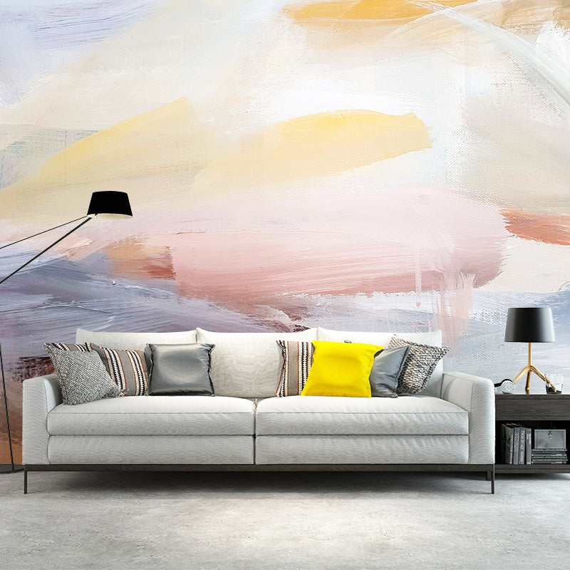 Minimalistic Brushstroke Painting Mural Pink and Blue Scenery Wall Decor for Living Room