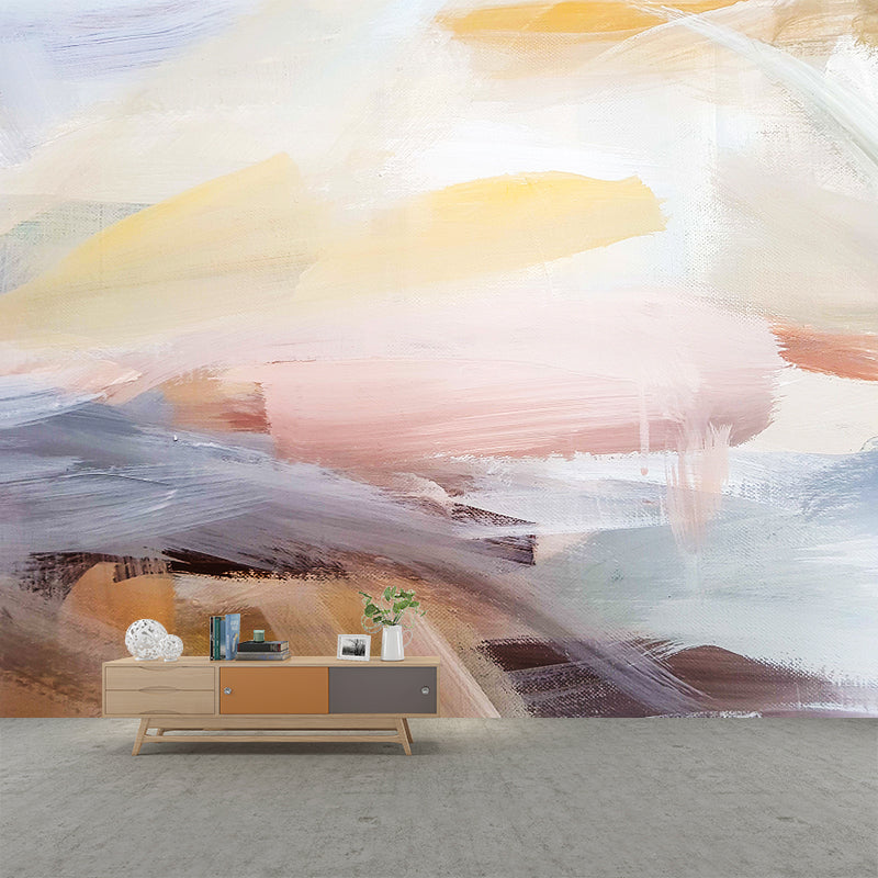 Minimalistic Brushstroke Painting Mural Pink and Blue Scenery Wall Decor for Living Room