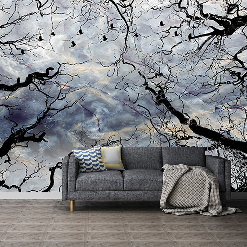 Sky and Withered Tree Murals Black-Blue Contemporary Wall Covering for Living Room