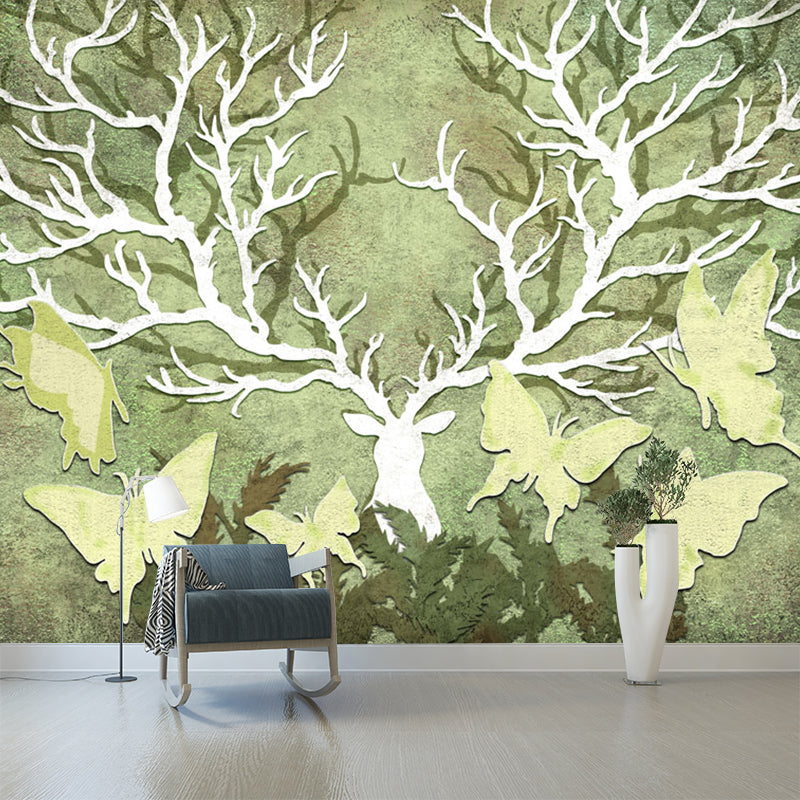 Rural Butterfly and Antler Mural Wallpaper for Home Personalized Wall Decor in Yellow-Green