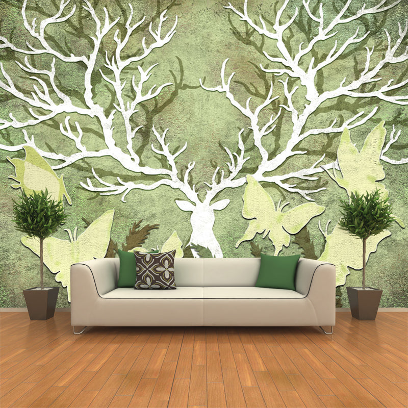 Rural Butterfly and Antler Mural Wallpaper for Home Personalized Wall Decor in Yellow-Green