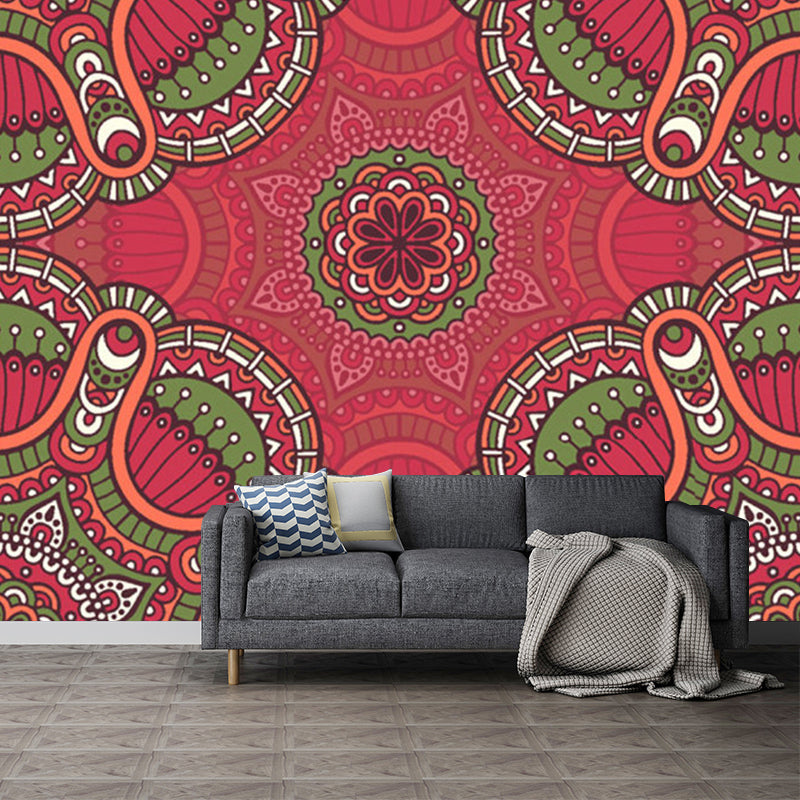 Large Boho Style Wall Mural Decal Red-Green Abstract Wall Art, Custom Size Available
