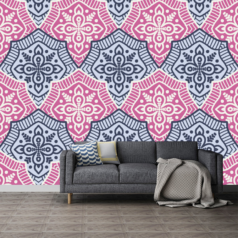 Pink-Blue Floral Wallpaper Murals Stain Resistant Boho-Chic Living Room Wall Art