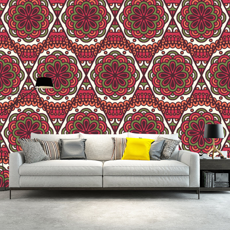 Red Flower Printed Wall Murals Stain Resistant Bohemia Bedroom Wall Covering, Non-Woven
