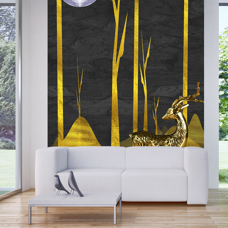 Custom Illustration Artistic Murals with Forest Deer at Moon Night Pattern in Black-Gold