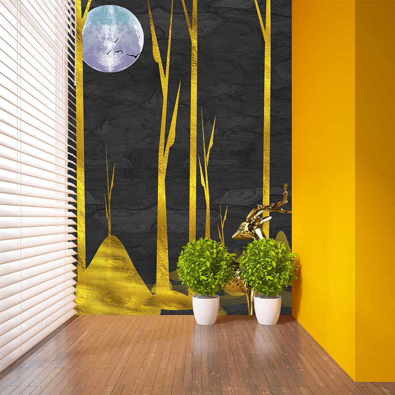 Custom Illustration Artistic Murals with Forest Deer at Moon Night Pattern in Black-Gold