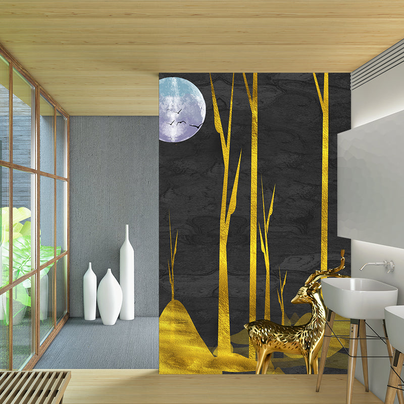 Custom Illustration Artistic Murals with Forest Deer at Moon Night Pattern in Black-Gold