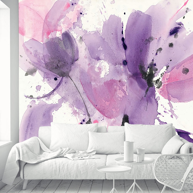 Purple-Pink Art Deco Mural Decal Whole Watercolor Petals Drawing Wall Covering for Bedroom