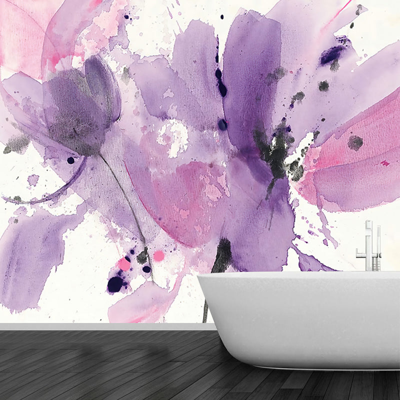 Purple-Pink Art Deco Mural Decal Whole Watercolor Petals Drawing Wall Covering for Bedroom
