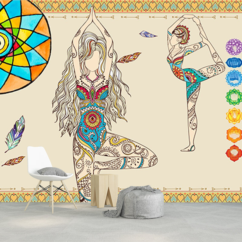 Beige Artistry Wall Covering Mural Large Yoga Girls Pattern Wall Art for Bedroom