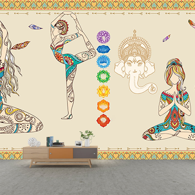 Beige Artistry Wall Covering Mural Large Yoga Girls Pattern Wall Art for Bedroom