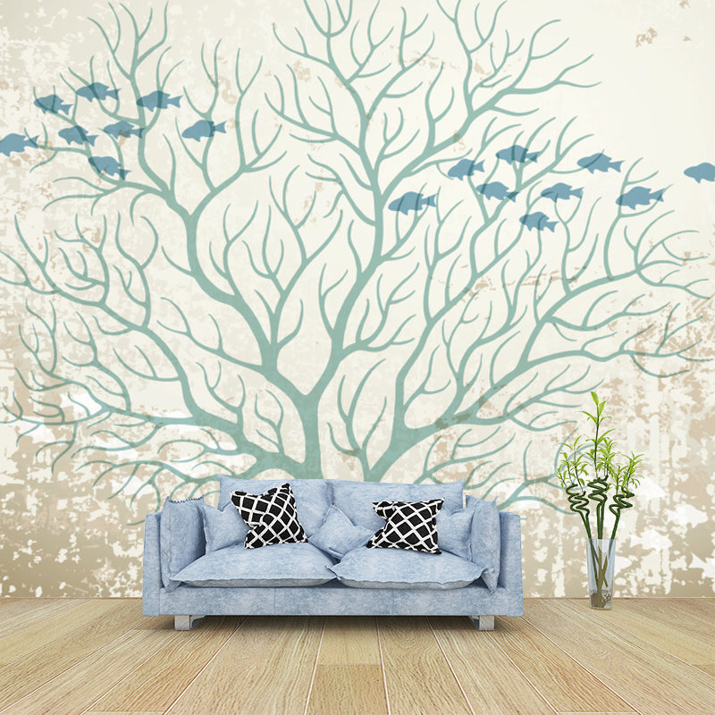 Fish and Bare Tree Murals Modern Moisture Resistant Living Room Wall Covering, Made to Measure