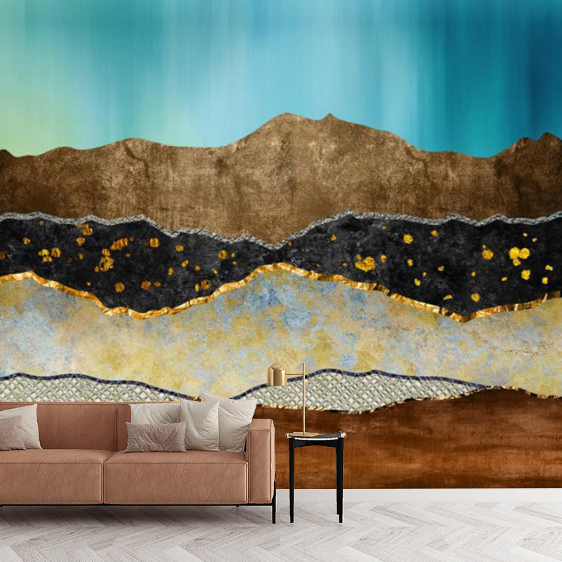 Art Deco Soil Layers Wall Murals Blue and Brown Living Room Wall Covering, Custom Made
