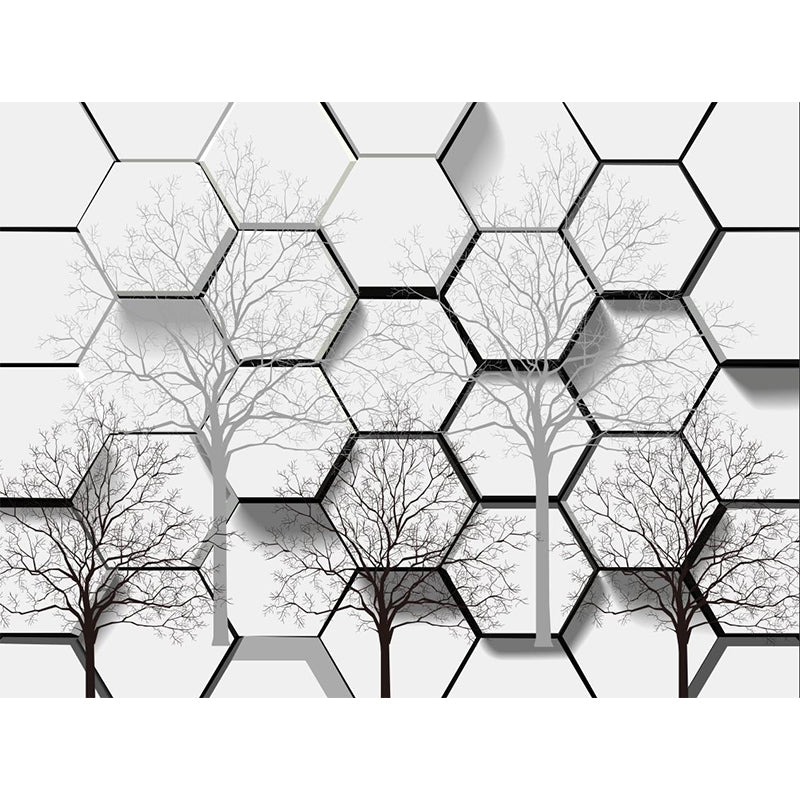 Creative Honeycomb Bare Tree Mural Black-White Moisture Resistant Wall Art for Home