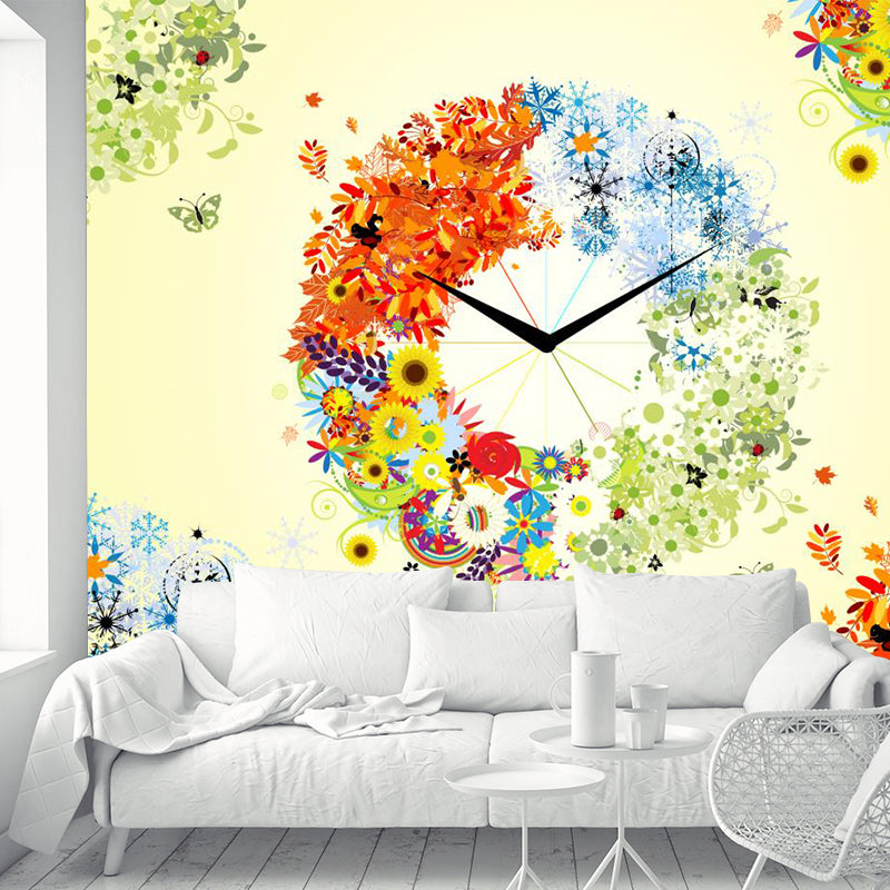 Four Season Clock Wall Murals Artistry Moisture Resistant Wall Decor for Bedroom, Custom Size