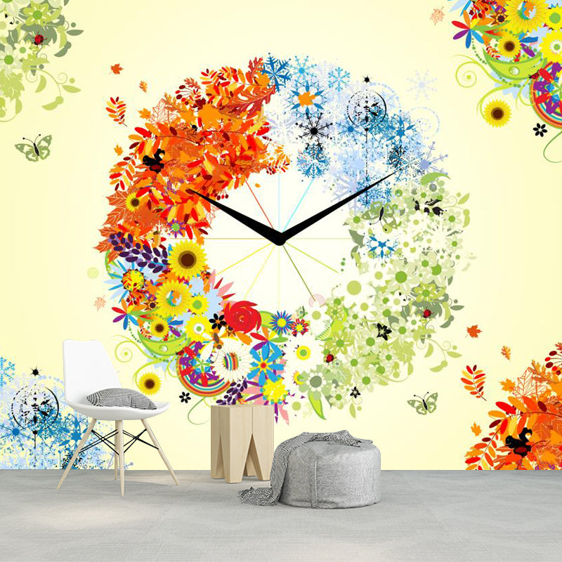 Four Season Clock Wall Murals Artistry Moisture Resistant Wall Decor for Bedroom, Custom Size