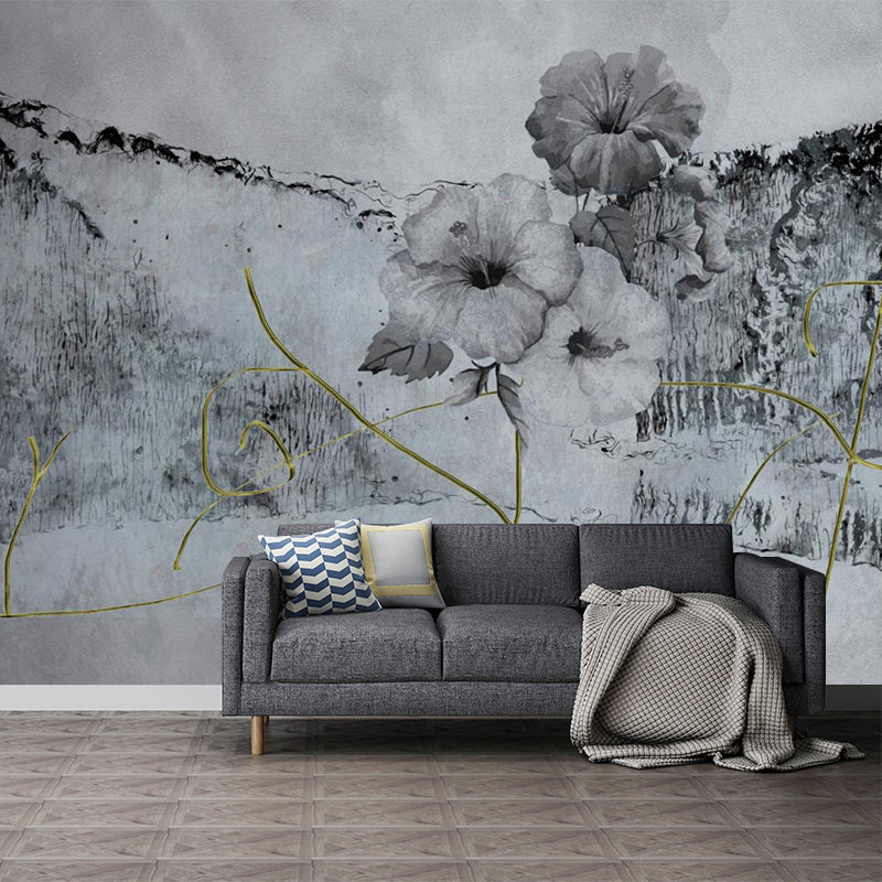 Minimalist Flower Ink Planting Murals Black-Grey Bedroom Wall Covering, Personalized Size