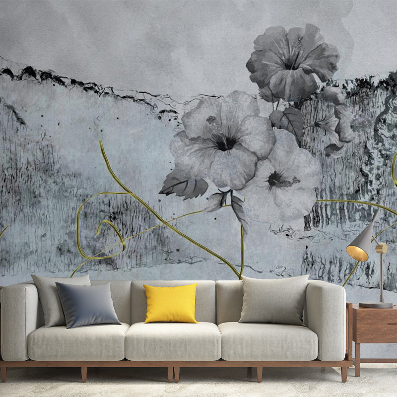 Minimalist Flower Ink Planting Murals Black-Grey Bedroom Wall Covering, Personalized Size