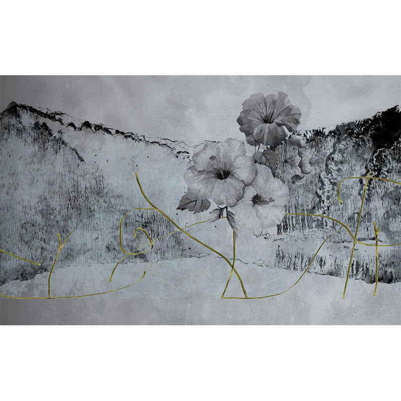 Minimalist Flower Ink Planting Murals Black-Grey Bedroom Wall Covering, Personalized Size