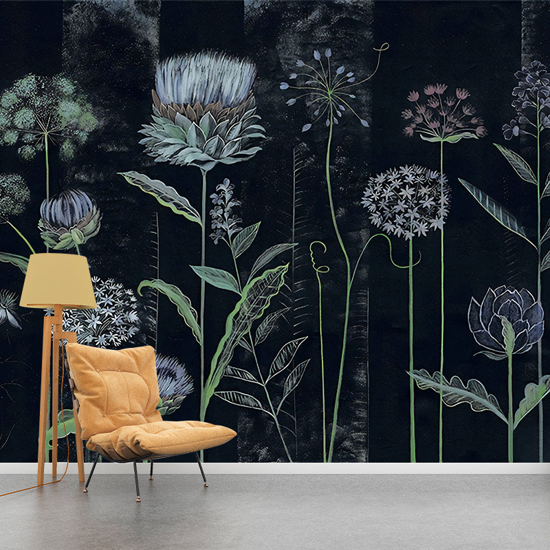 Flower Sketch Wall Paper Murals Trendy Waterproof Living Room Wall Decor, Custom Size Available