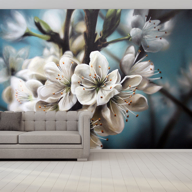 Photography Flower Wall Paper Murals for Home, Blue and White, Personalised Size