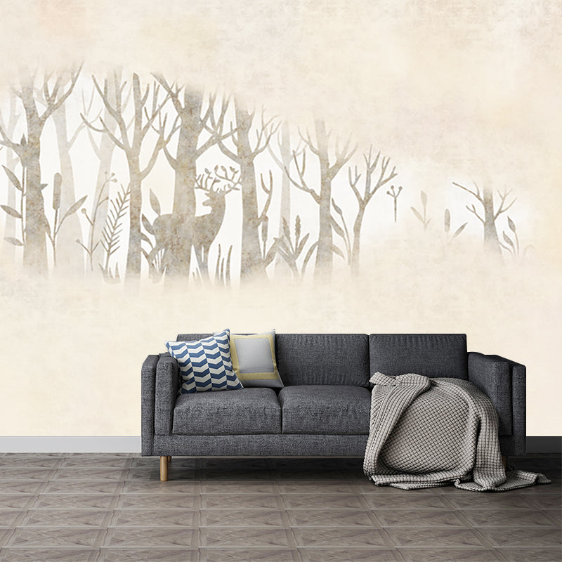 Beige Creative Wall Covering Murals Customized Wild Deer and Foggy Mirror Wall Art for Home Decor