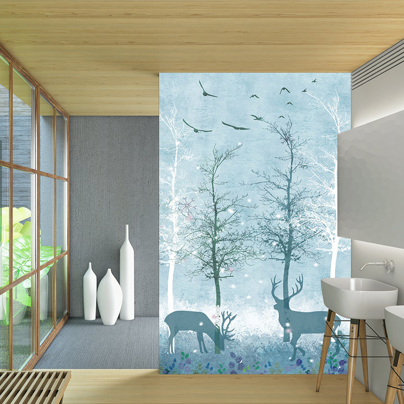 Full-Size Scandinavian Mural Decal Blue Deer in Night Forest Patterned Wall Art, Made to Measure
