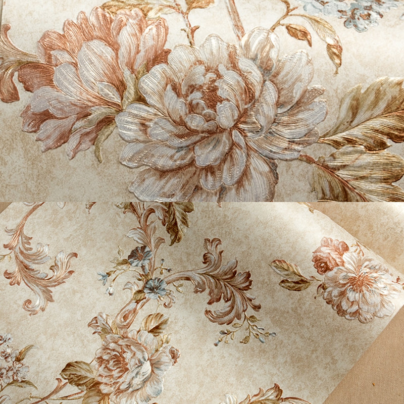 Blossoming Peony Wallpaper Soft-Color Farmhouse Wall Covering for Living Room, Non-Pasted