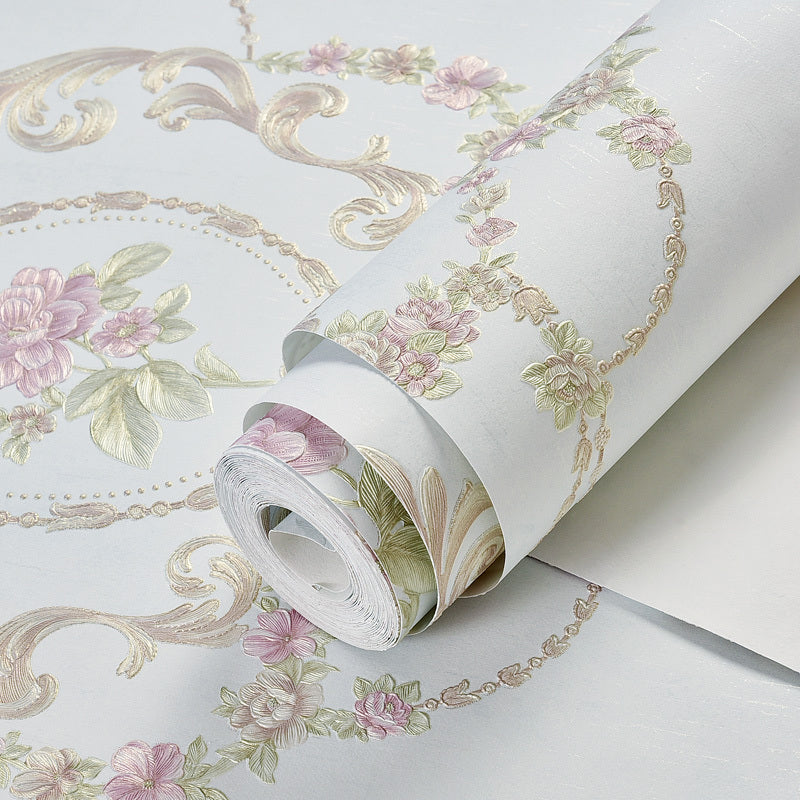Rural Peony Blossom Wallpaper Roll Non-Woven Stain Resistant Light-Color Wall Art for Bedroom