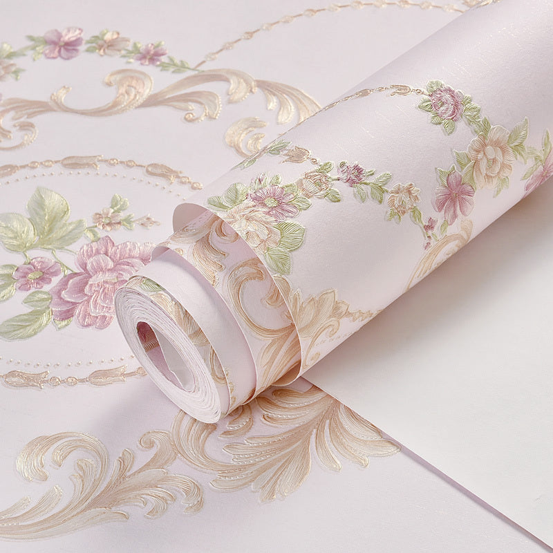 Rural Peony Blossom Wallpaper Roll Non-Woven Stain Resistant Light-Color Wall Art for Bedroom
