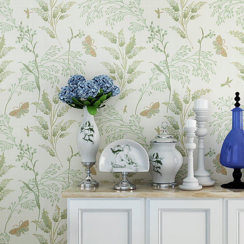 Paper Temporary Wallpaper Countryside Butterfly and Plants Wall Covering in Green, Peel and Stick