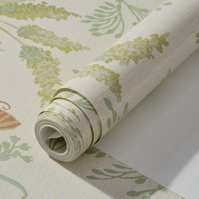 Paper Temporary Wallpaper Countryside Butterfly and Plants Wall Covering in Green, Peel and Stick