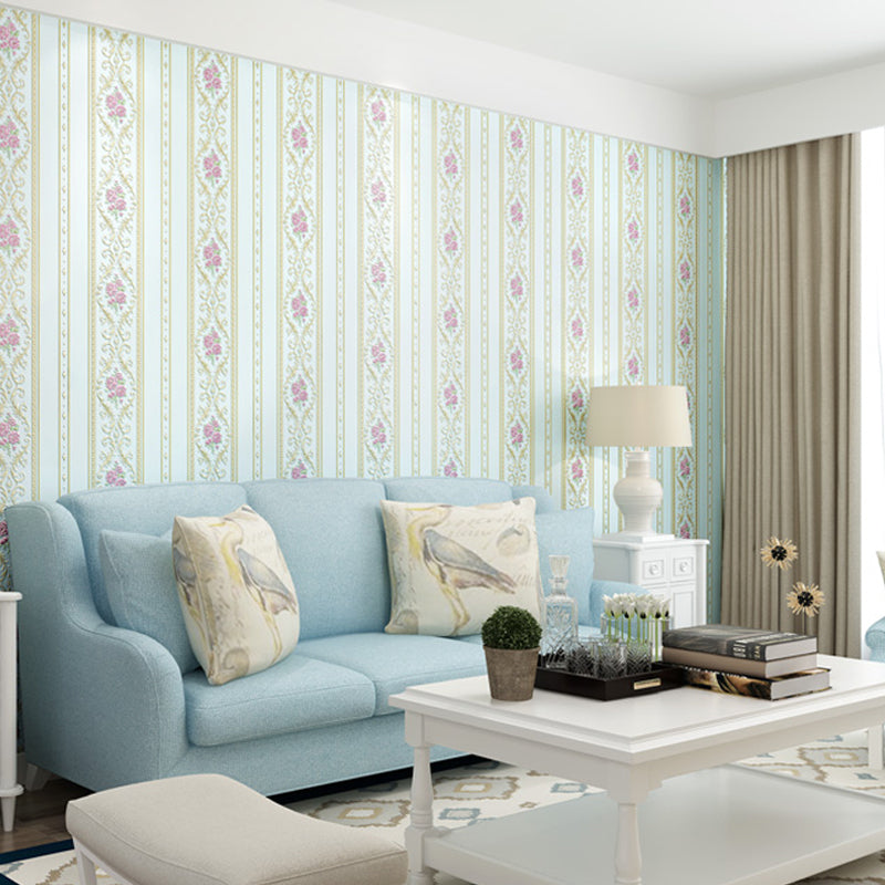 Adhesive Rural Floral Striped Wallpaper Pastel-Color Removable Wall Art for Bedroom