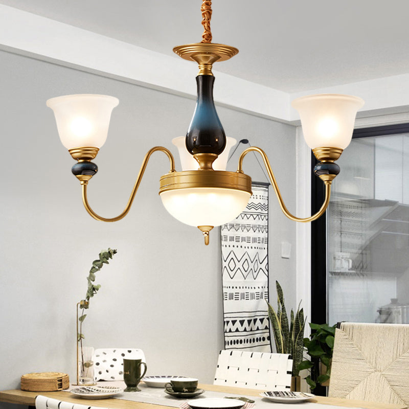 3/5/6 Lights Floral Shade Pendant Chandelier Countryside Style Brass Cream Glass Suspension Lamp