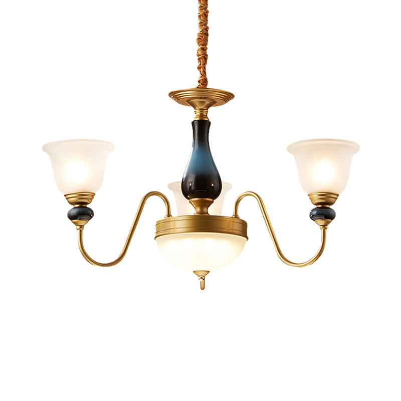 3/5/6 Lights Floral Shade Pendant Chandelier Countryside Style Brass Cream Glass Suspension Lamp