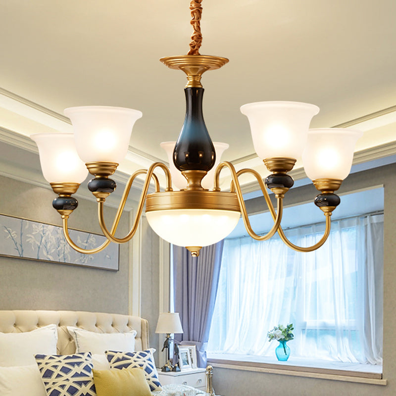 3/5/6 Lights Floral Shade Pendant Chandelier Countryside Style Brass Cream Glass Suspension Lamp