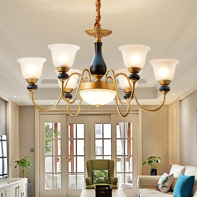 3/5/6 Lights Floral Shade Pendant Chandelier Countryside Style Brass Cream Glass Suspension Lamp