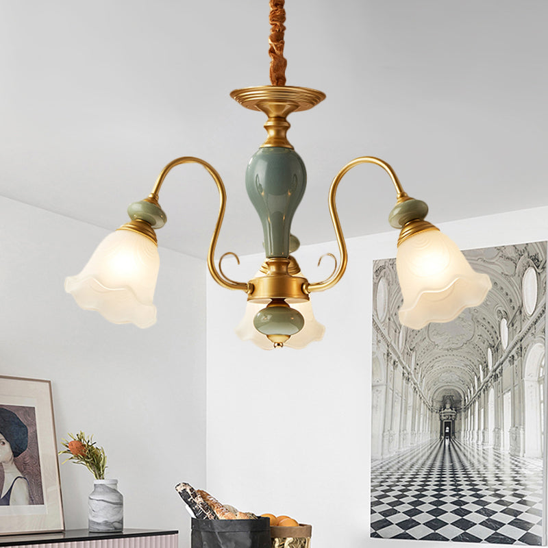 Green Flower Shaped Pendulum Light Rural Frosted Glass 3/5/6 Bulbs Guest Room Chandelier Lighting Fixture