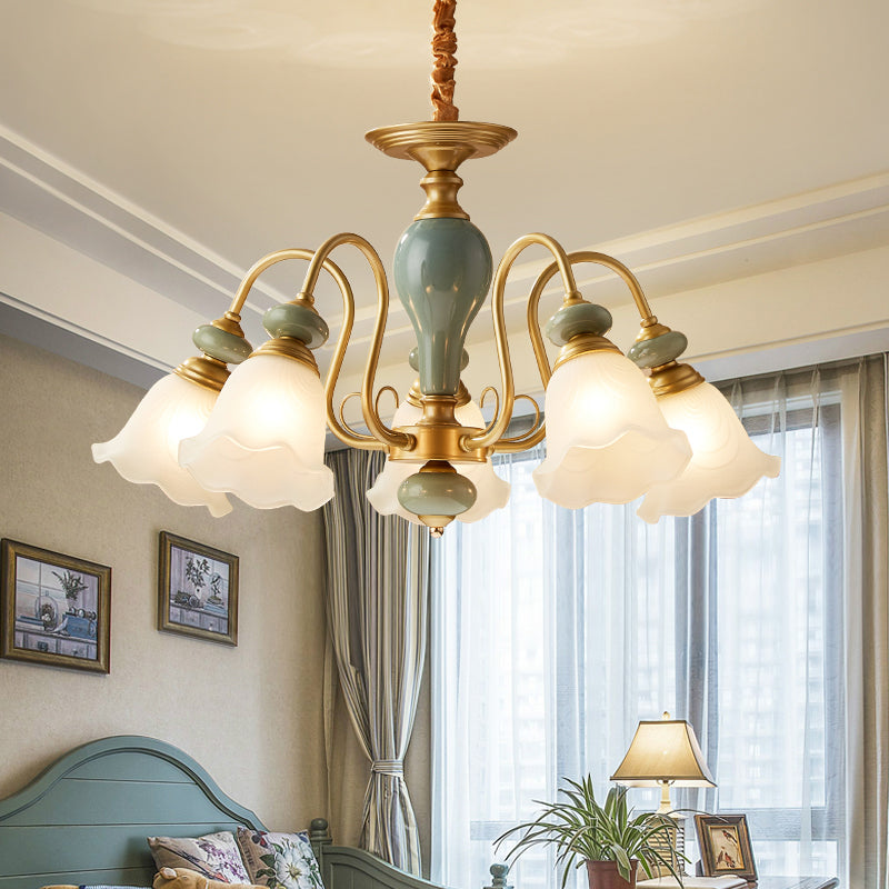 Green Flower Shaped Pendulum Light Rural Frosted Glass 3/5/6 Bulbs Guest Room Chandelier Lighting Fixture