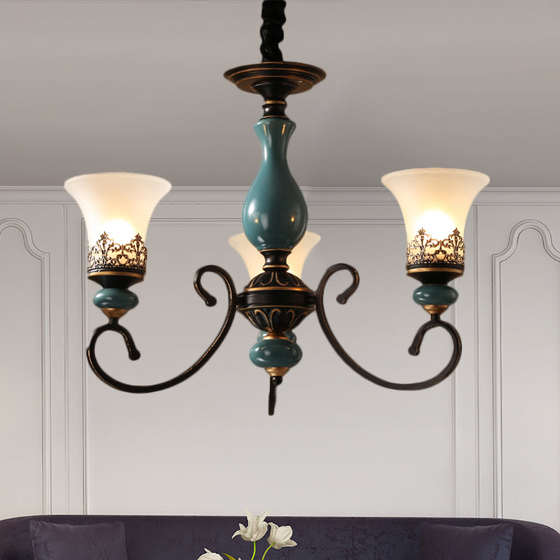 Rustic Style Bell Shade Hanging Pendant Light Milky Glass 3/5/6-Head Chandelier Lighting in Blue