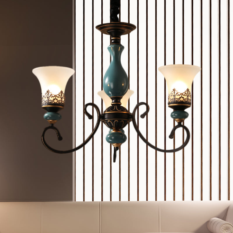 Rustic Style Bell Shade Hanging Pendant Light Milky Glass 3/5/6-Head Chandelier Lighting in Blue